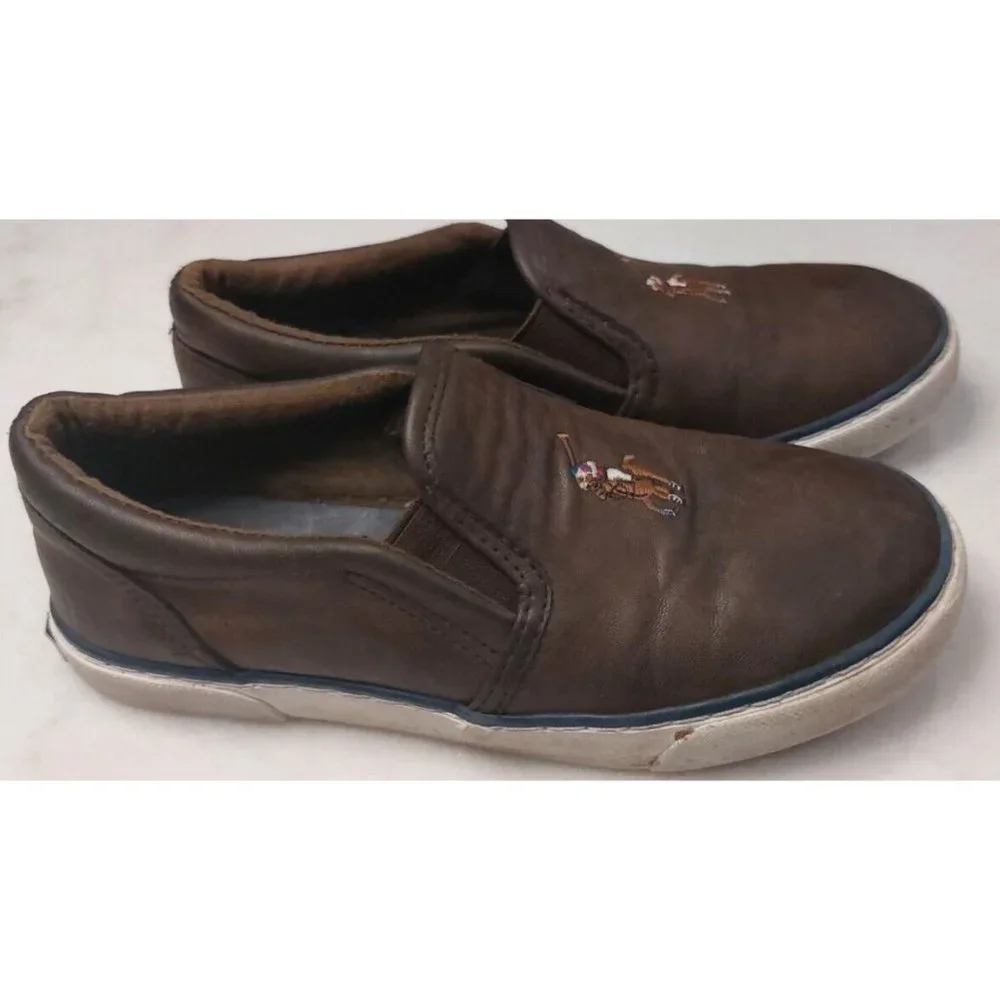 Kids Youth Boys Polo Ralph Lauren Slip‎ On Shoes Sneakers Brown Leather Pony 1